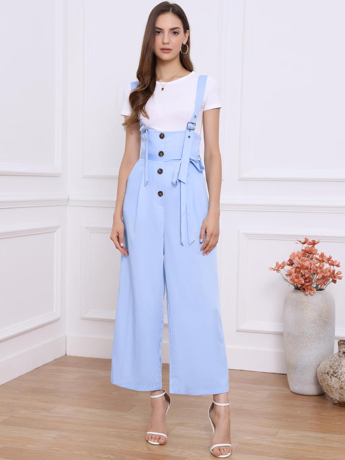 imageAllegra K Womens Wide Leg Overalls Loose Fit Belted High Waist Suspenders JumpsuitsSky Blue