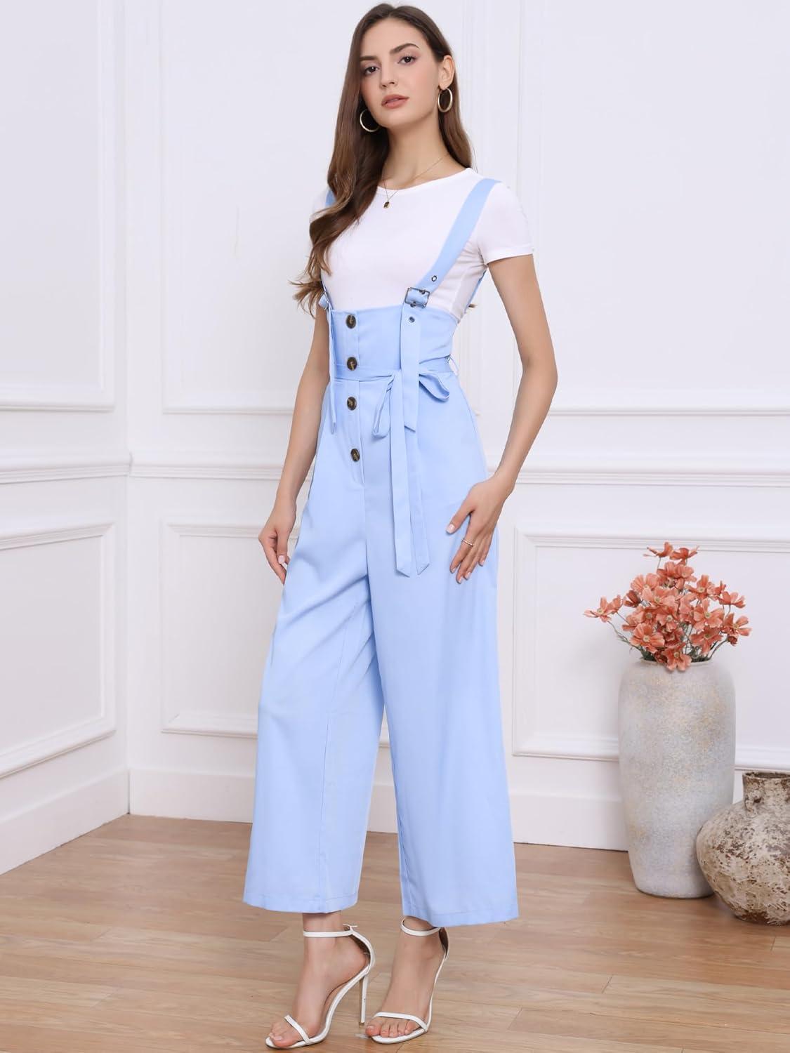 imageAllegra K Womens Wide Leg Overalls Loose Fit Belted High Waist Suspenders JumpsuitsSky Blue