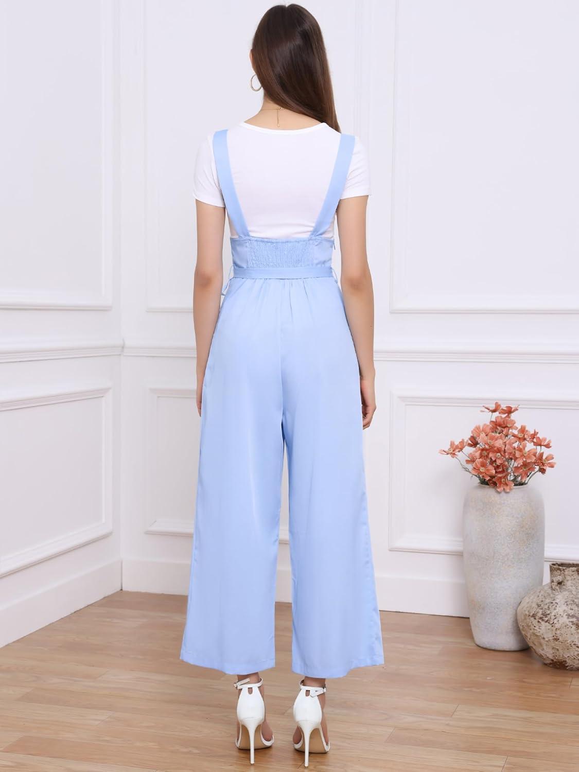 imageAllegra K Womens Wide Leg Overalls Loose Fit Belted High Waist Suspenders JumpsuitsSky Blue