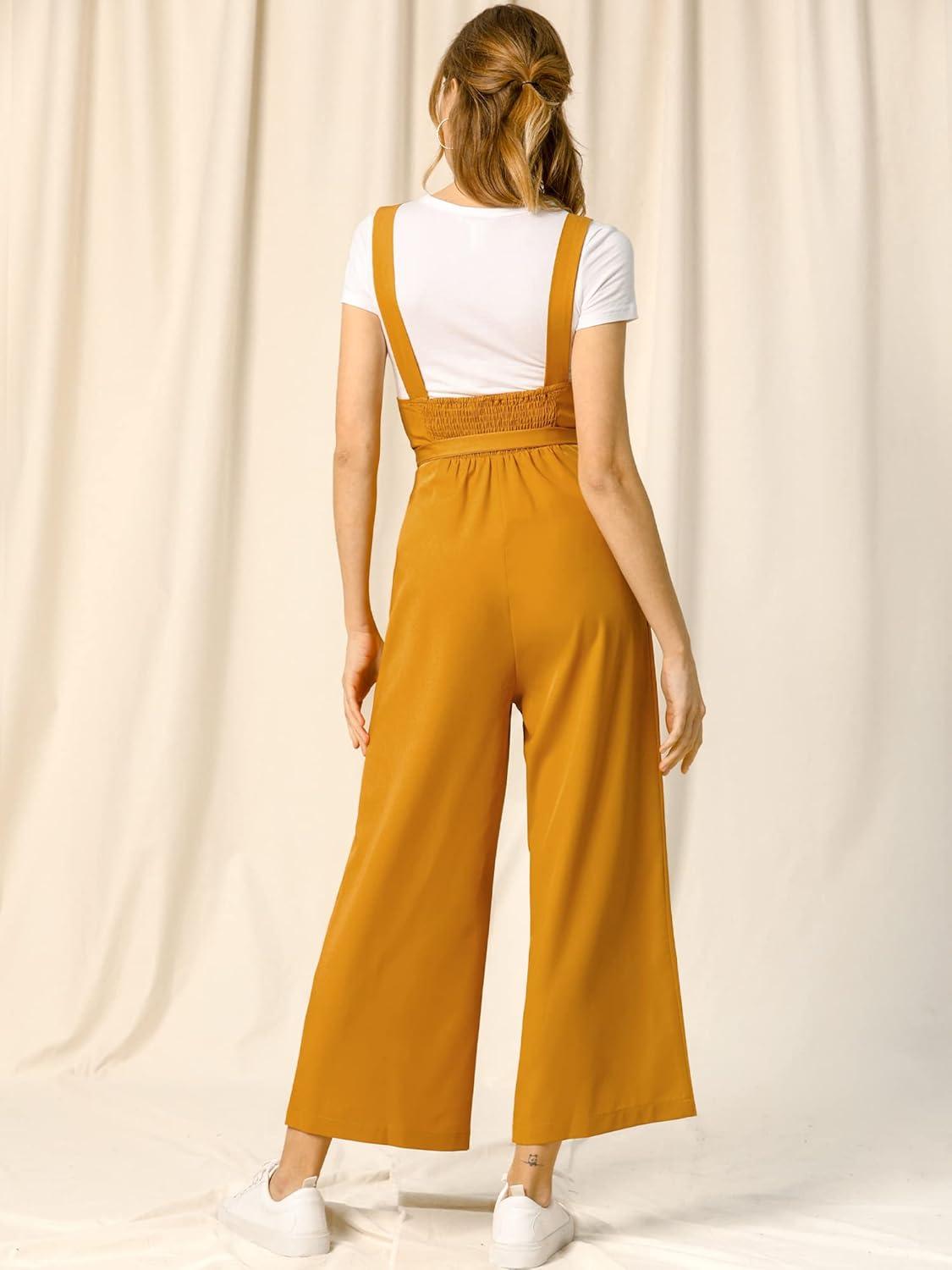imageAllegra K Womens Wide Leg Overalls Loose Fit Belted High Waist Suspenders JumpsuitsYellow
