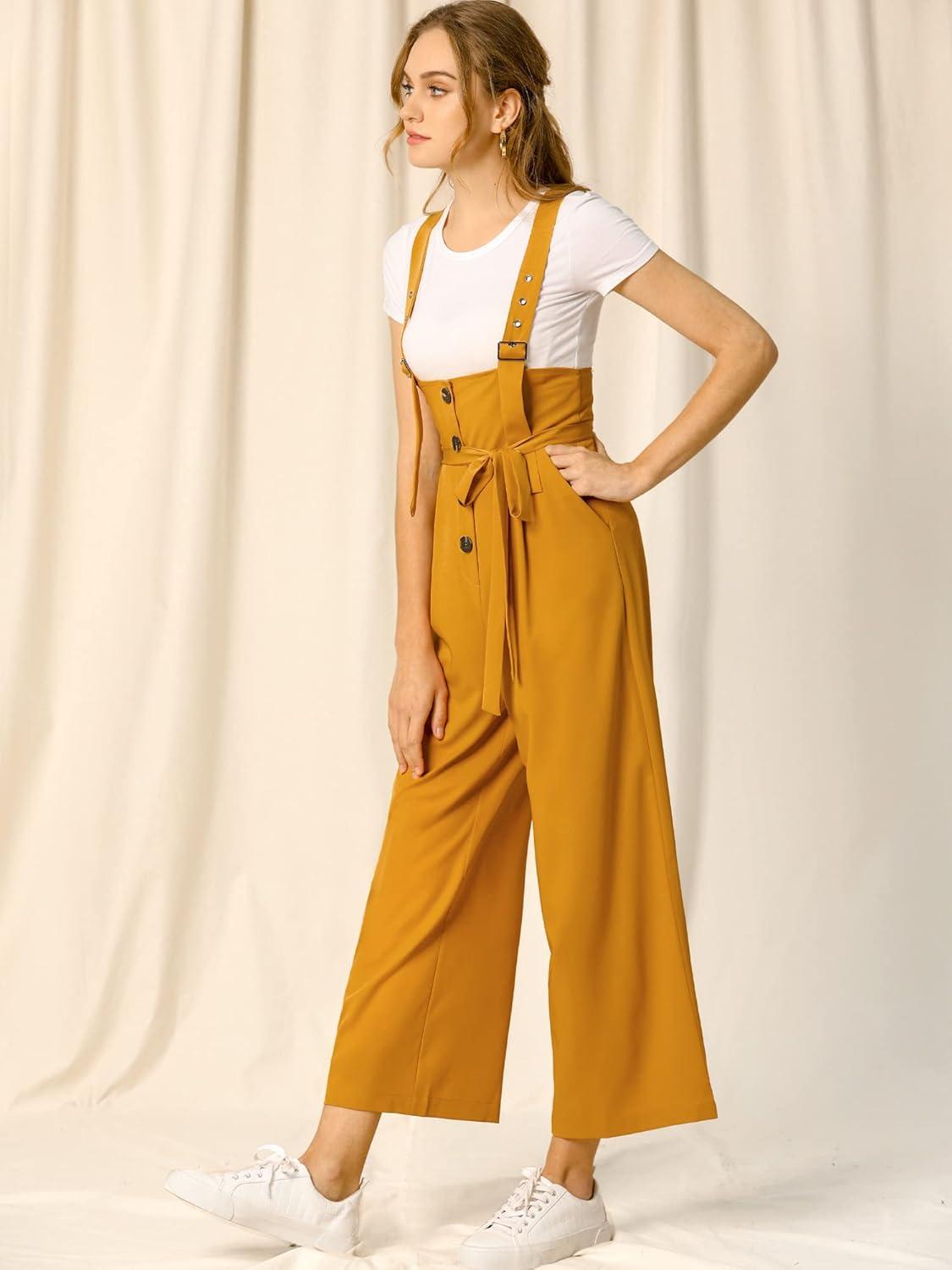 imageAllegra K Womens Wide Leg Overalls Loose Fit Belted High Waist Suspenders JumpsuitsYellow