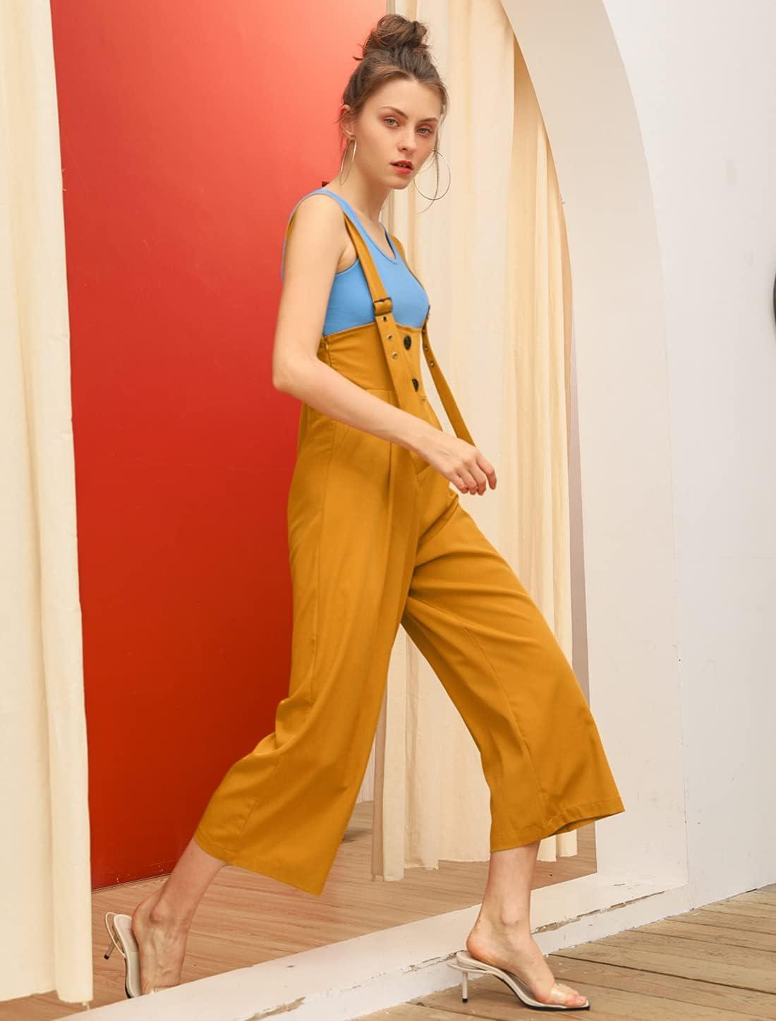 imageAllegra K Womens Wide Leg Overalls Loose Fit Belted High Waist Suspenders JumpsuitsYellow