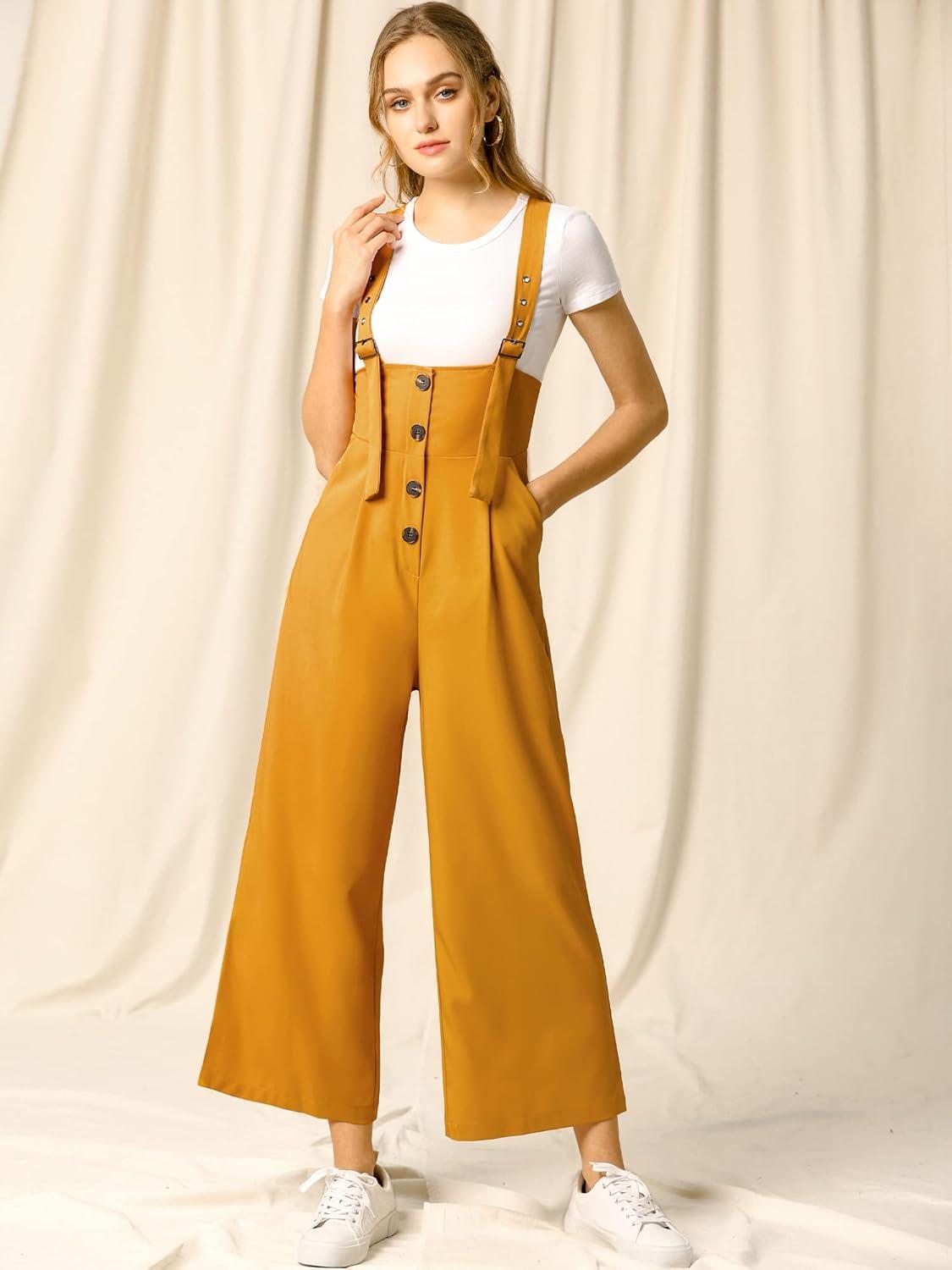 imageAllegra K Womens Wide Leg Overalls Loose Fit Belted High Waist Suspenders JumpsuitsYellow