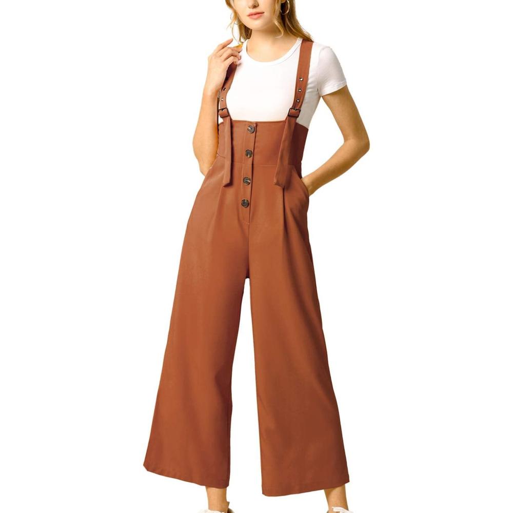 imageAllegra K Womens Wide Leg Overalls Loose Fit Belted High Waist Suspenders JumpsuitsBrown