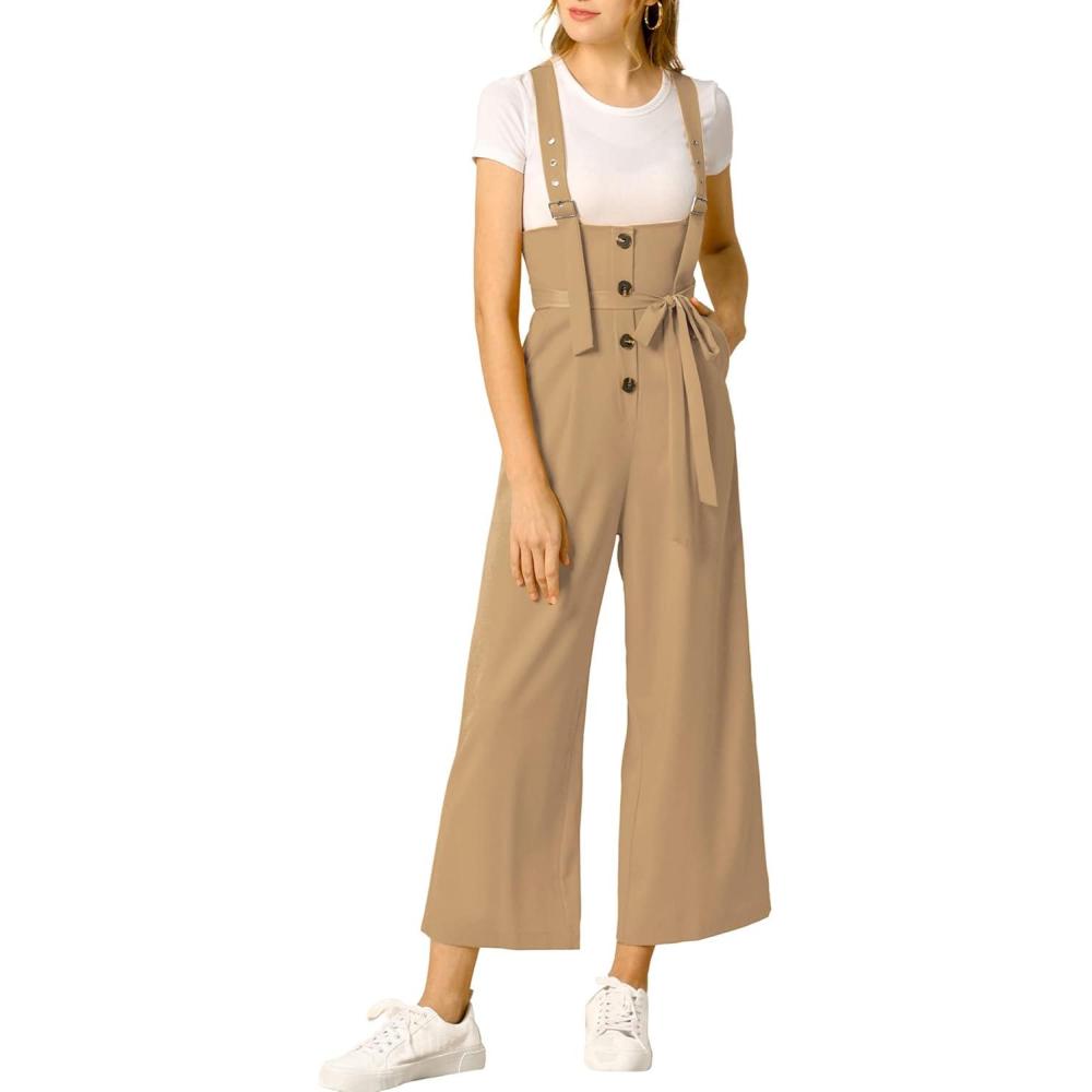 imageAllegra K Womens Wide Leg Overalls Loose Fit Belted High Waist Suspenders JumpsuitsKhaki