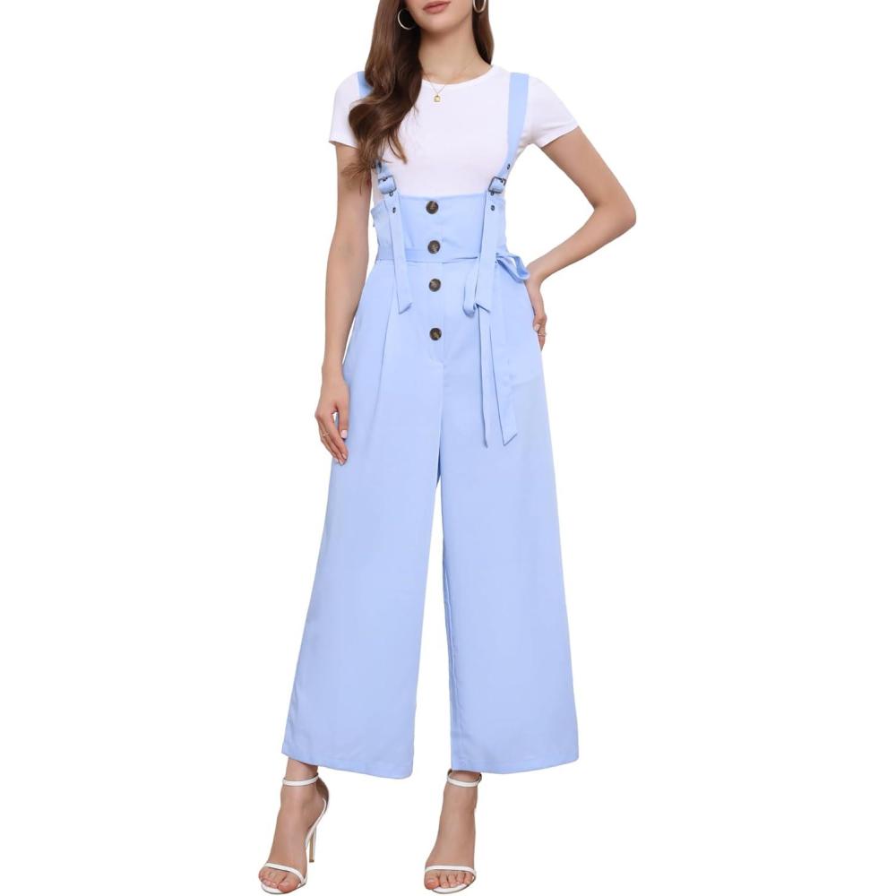 imageAllegra K Womens Wide Leg Overalls Loose Fit Belted High Waist Suspenders JumpsuitsSky Blue