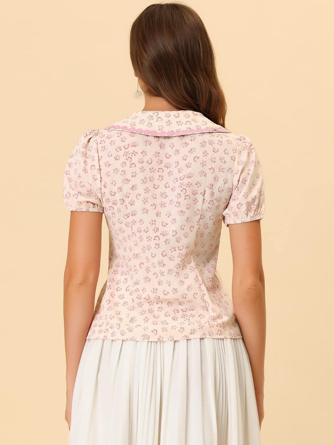 imageAllegra K Button Down Tops for Womens 1950s Peter Pan Collar Floral BlousePink