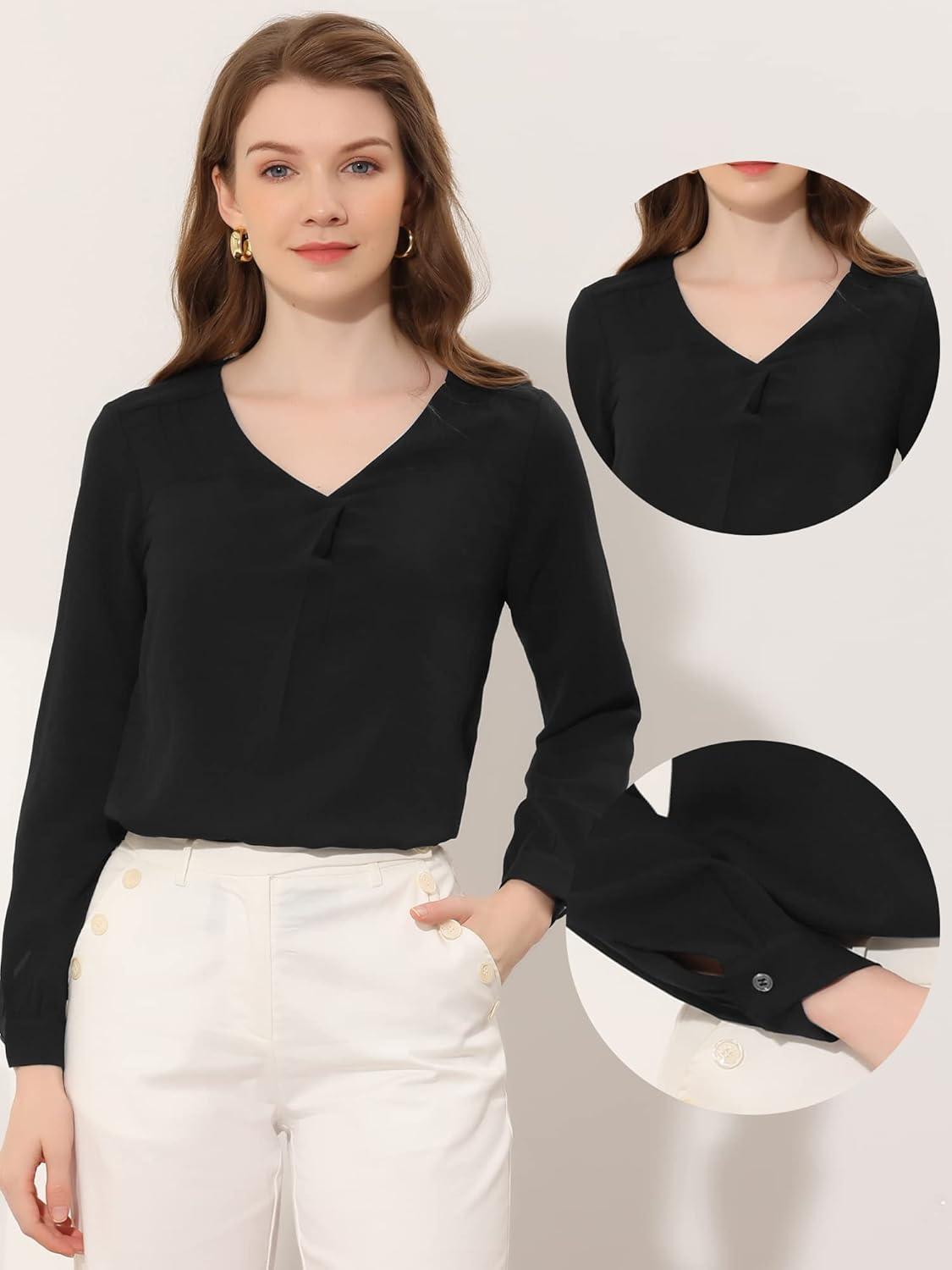 imageAllegra K Chiffon Blouse for Womens V Neck Long Sleeve Business Causal ShirtBlack