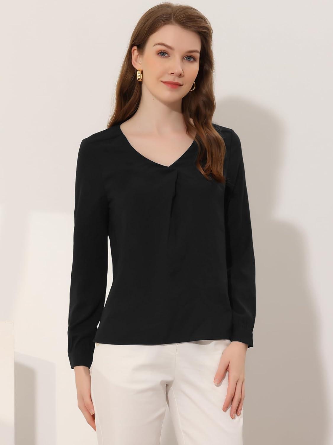 imageAllegra K Chiffon Blouse for Womens V Neck Long Sleeve Business Causal ShirtBlack