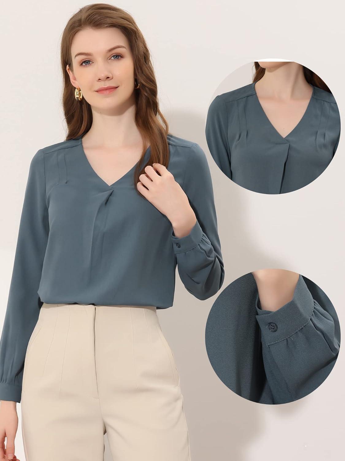 imageAllegra K Chiffon Blouse for Womens V Neck Long Sleeve Business Causal ShirtGrey Blue