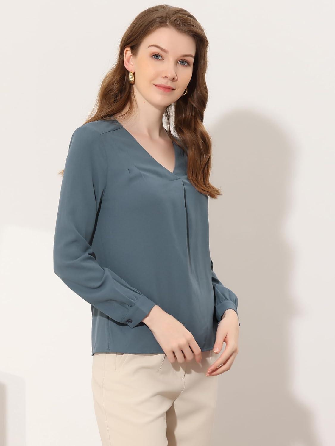 imageAllegra K Chiffon Blouse for Womens V Neck Long Sleeve Business Causal ShirtGrey Blue