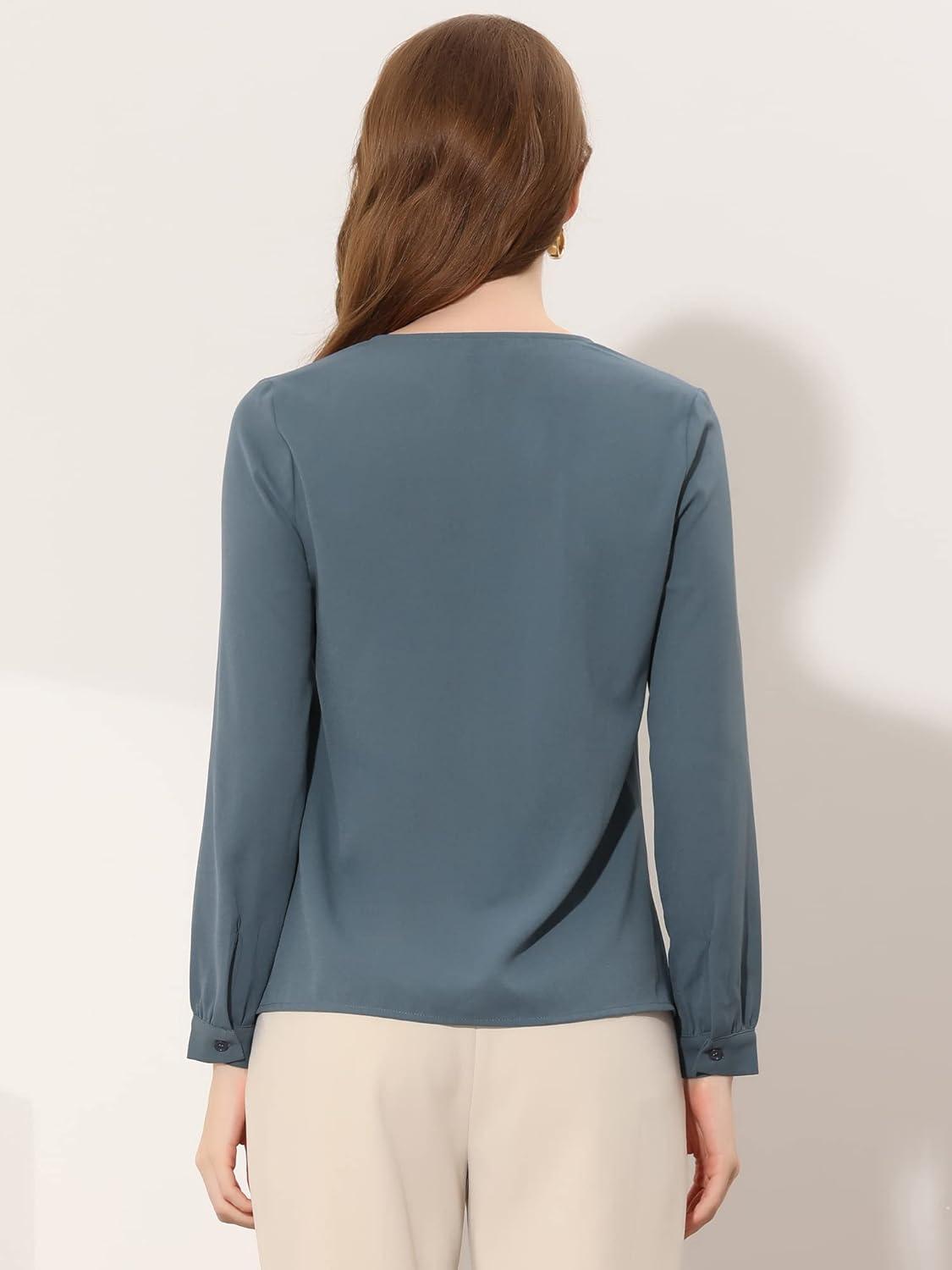 imageAllegra K Chiffon Blouse for Womens V Neck Long Sleeve Business Causal ShirtGrey Blue