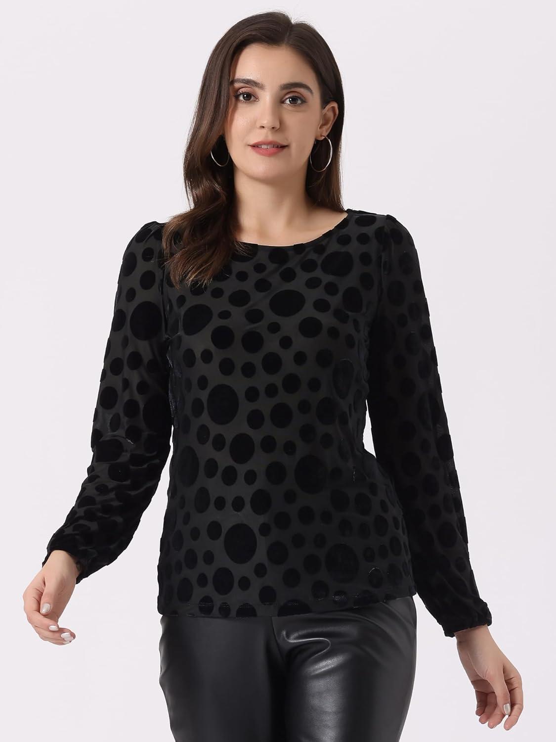 imageAllegra K Womens Halloween Velvet Top Semi Sheer BurnOut Long Sleeve Printed TopBlack