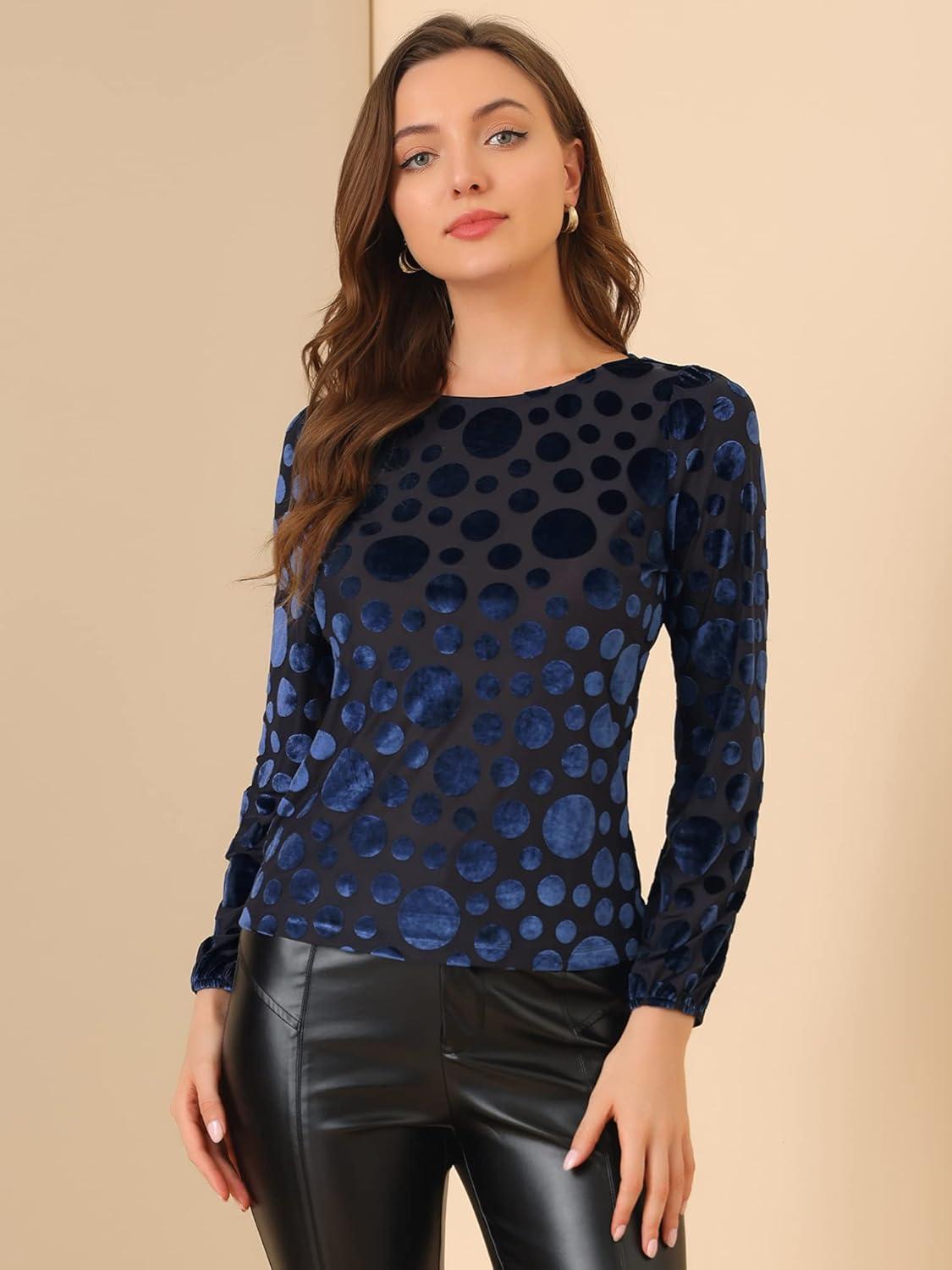 imageAllegra K Womens Halloween Velvet Top Semi Sheer BurnOut Long Sleeve Printed TopDark Blue