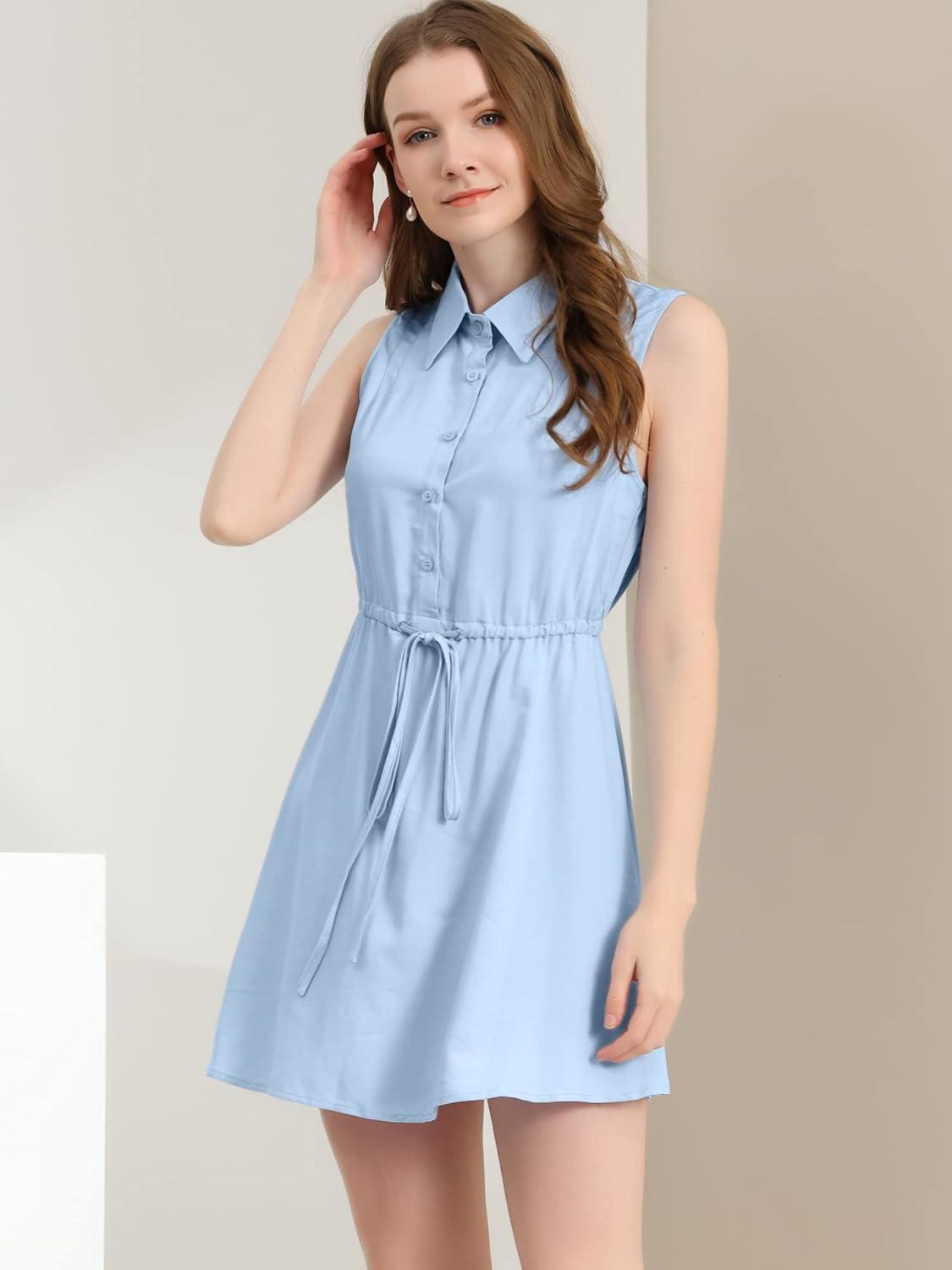 imageAllegra K Womens Sleeveless Shirt Dress Point Collar Drawstring Waist Button Down ShirtdressLight Blue
