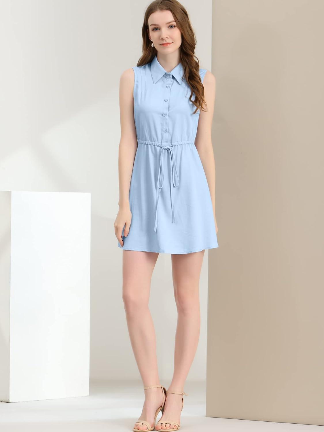 imageAllegra K Womens Sleeveless Shirt Dress Point Collar Drawstring Waist Button Down ShirtdressLight Blue