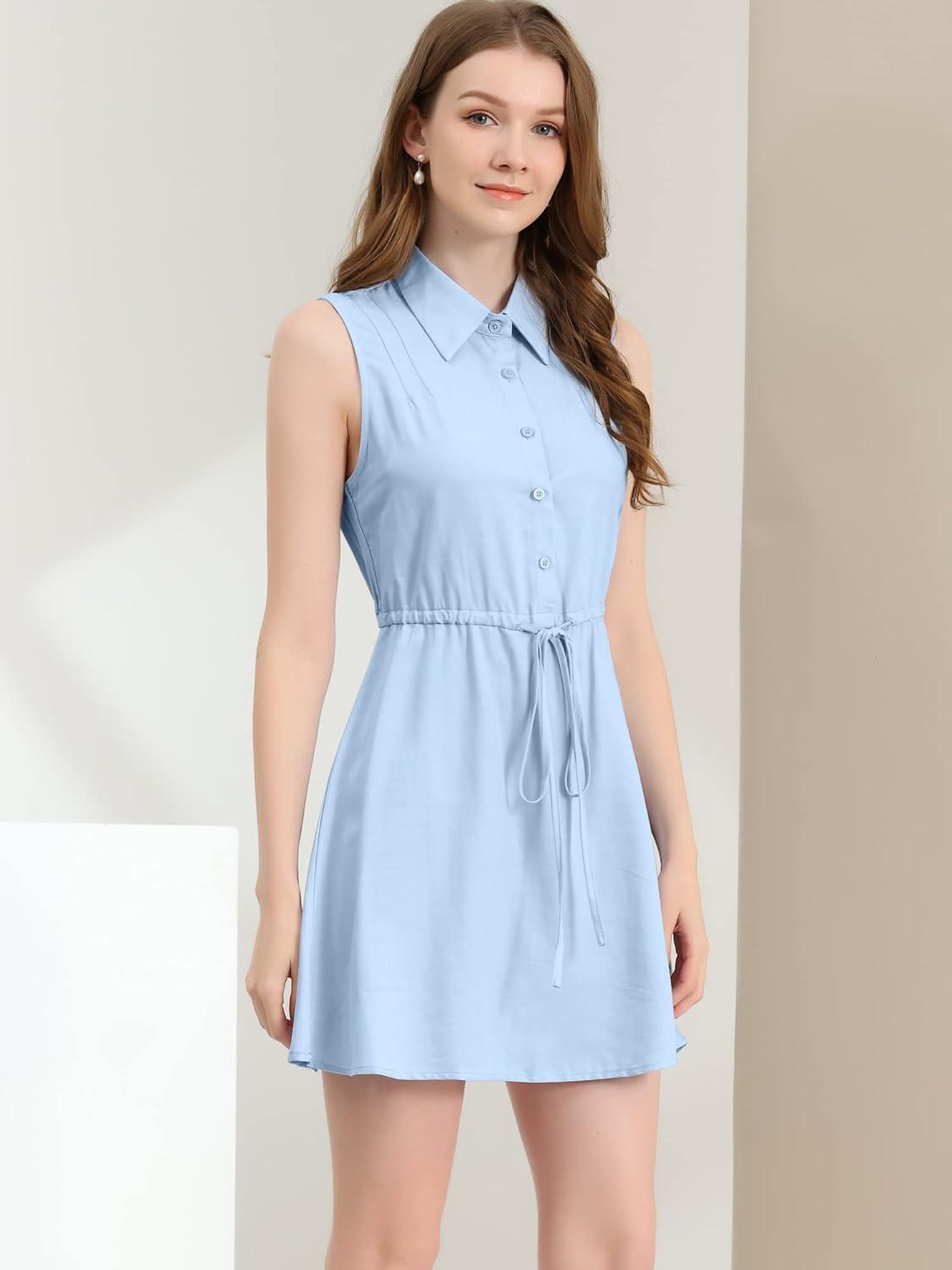 imageAllegra K Womens Sleeveless Shirt Dress Point Collar Drawstring Waist Button Down ShirtdressLight Blue