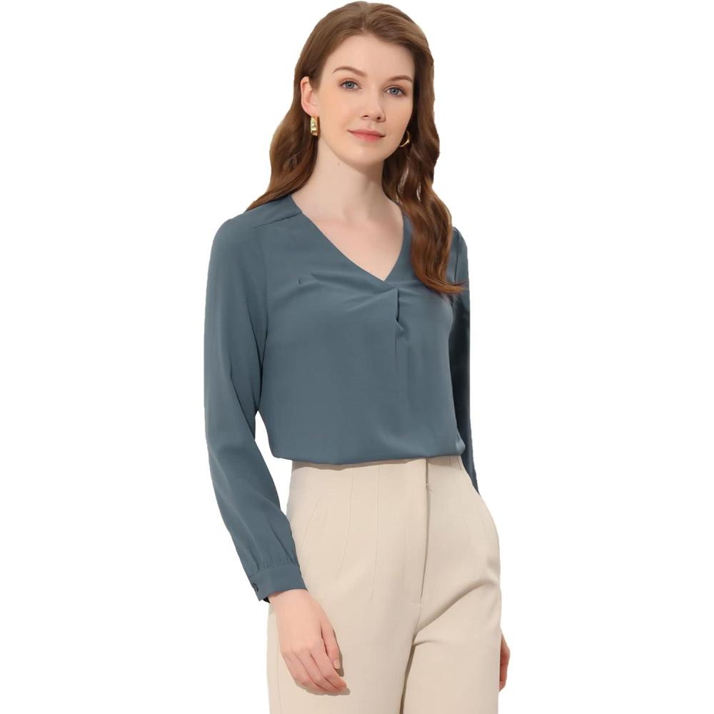 imageAllegra K Chiffon Blouse for Womens V Neck Long Sleeve Business Causal ShirtGrey Blue