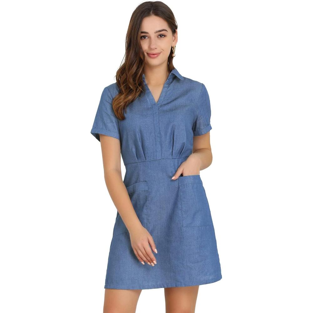 imageAllegra K Womens Chambray Collared V Neck ALine Shirt Denim Dress with PocketsDenim Blue