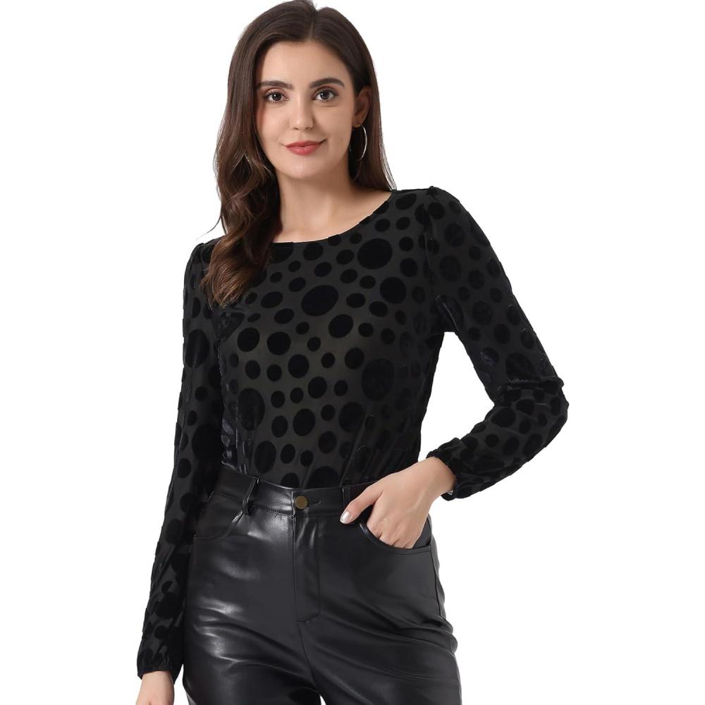 imageAllegra K Womens Halloween Velvet Top Semi Sheer BurnOut Long Sleeve Printed TopBlack