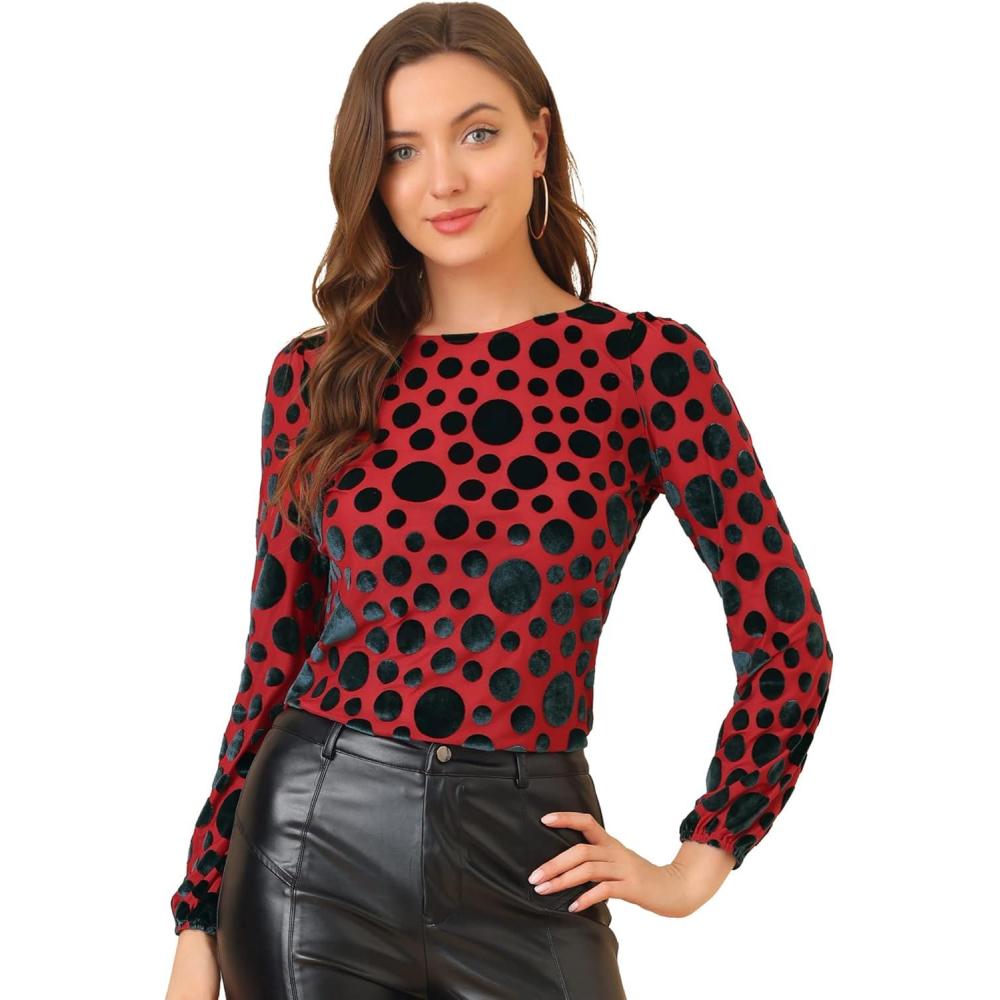 imageAllegra K Womens Halloween Velvet Top Semi Sheer BurnOut Long Sleeve Printed TopRed