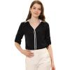 imageAllegra K Work Office Shirt for Womens Contrast V Neck Collared Roll Up Long Sleeve Chiffon BlouseBlack