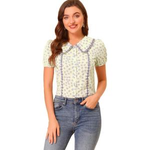 imageAllegra K Button Down Tops for Womens 1950s Peter Pan Collar Floral BlousePurple