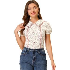 imageAllegra K Button Down Tops for Womens 1950s Peter Pan Collar Floral BlouseWhite Red