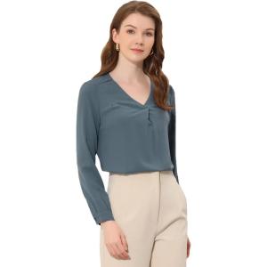 imageAllegra K Chiffon Blouse for Womens V Neck Long Sleeve Business Causal ShirtGrey Blue