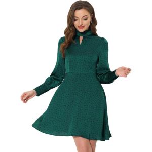 imageAllegra K Polka Dots Dress for Womens Keyhole Long Sleeve Aline DressesDark Green