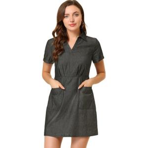 imageAllegra K Womens Chambray Collared V Neck ALine Shirt Denim Dress with PocketsBlack