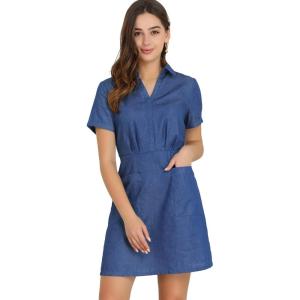 imageAllegra K Womens Chambray Collared V Neck ALine Shirt Denim Dress with PocketsBlue