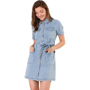 imageAllegra K Womens Denim Jean Dress 2024 Summer Casual Collared Belted Button Down Denim Shirt DressesBlue