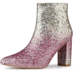 imageAllegra K Womens Glitter Pointed Toe Chunky Heel Ankle BootsBeige Pink