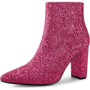 imageAllegra K Womens Glitter Pointed Toe Chunky Heel Ankle BootsHot Pink