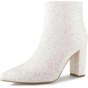 imageAllegra K Womens Glitter Pointed Toe Chunky Heel Ankle BootsWhite