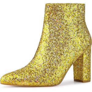 imageAllegra K Womens Glitter Pointed Toe Chunky Heel Ankle BootsYellow Gold