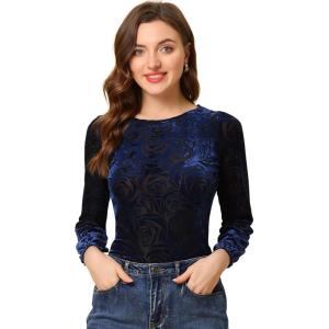 imageAllegra K Womens Halloween Velvet Top Semi Sheer BurnOut Long Sleeve Printed TopBluefloral