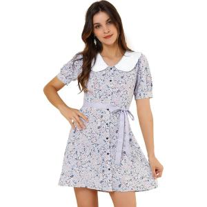 imageAllegra K Womens Peter Pan Collar Dress 2024 Floral Printed Button Bow Tie Short Sleeve Shirt DressesPurple