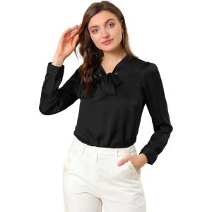 imageAllegra K Womens Satin Work Office Blouse Tie Neck Business Casual TopBlack