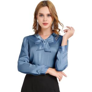 imageAllegra K Womens Satin Work Office Blouse Tie Neck Business Casual TopDusty Blue