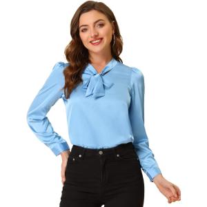 imageAllegra K Womens Satin Work Office Blouse Tie Neck Business Casual TopLight Blue