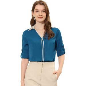 imageAllegra K Work Office Shirt for Womens Contrast V Neck Collared Roll Up Long Sleeve Chiffon BlouseLake Blue