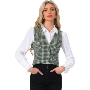 imageAllegra K Plaid Vest for Womens Single Breasted Sleeveless Racerback Vintage WaistcoatDark Green