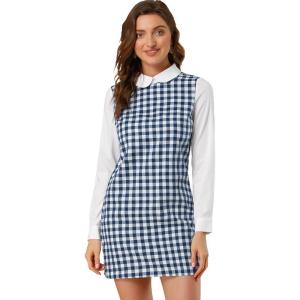 imageAllegra K Womens Peter Pan Dress 60s Clock Block Mini Long Sleeve DressesBlue White