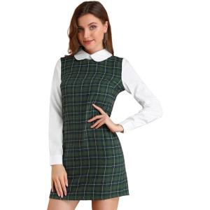 imageAllegra K Womens Peter Pan Dress 60s Clock Block Mini Long Sleeve DressesGreen Blue