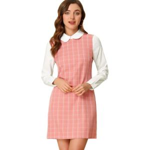 imageAllegra K Womens Peter Pan Dress 60s Clock Block Mini Long Sleeve DressesPink