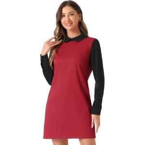 imageAllegra K Womens Peter Pan Dress 60s Clock Block Mini Long Sleeve DressesRed Solid