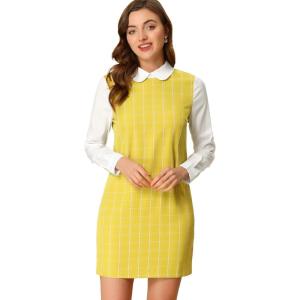 imageAllegra K Womens Peter Pan Dress 60s Clock Block Mini Long Sleeve DressesYellow