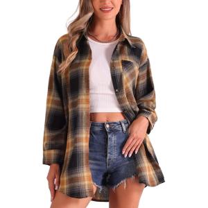 imageAllegra K Womens Plaid Shirt Long Sleeve Button Down Flannel Shirts Western Casual Work TopsBlack Caramel